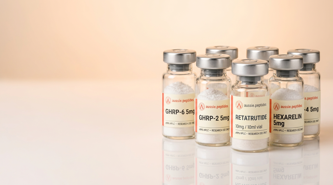 Aussie Peptides research peptide vial on a laboratory bench — lyophilised powder in a branded glass vial, HPLC verified and cold-chain dispatched Australia-wide, Australia