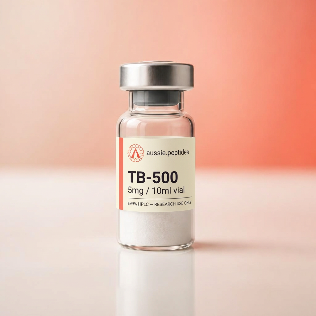 Aussie Peptides TB-500 research vial with branded cream label, HPLC verified
