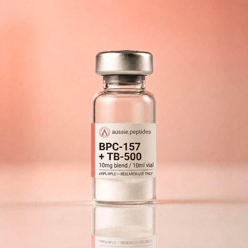 Aussie Peptides BPC-157 + TB-500 Blend 10mg (5mg / 5mg) — BPC & thymosin peptides — BPC-157 and TB-500 blend Australia BPC-157 + TB-500 Blend 10mg (5mg / 5mg) research peptide vial — Aussie Peptides