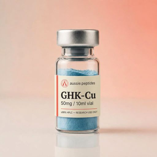 Aussie Peptides GHK-Cu 50mg — Copper & melanocortin peptides — GHK-Cu Australia GHK-Cu 50mg research peptide vial — Aussie Peptides