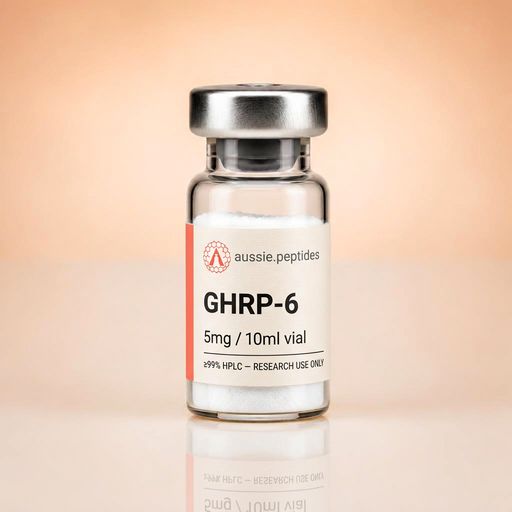 Aussie Peptides GHRP-6 5mg — GH secretagogues — research peptide Australia GHRP-6 5mg research peptide vial — Aussie Peptides