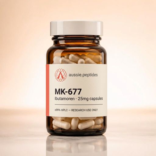 Aussie Peptides MK-677 (Ibutamoren) 25mg — Pineal & mitochondrial peptides — MK-677 ibutamoren Australia MK-677 (Ibutamoren) 25mg research compound vial — Aussie Peptides